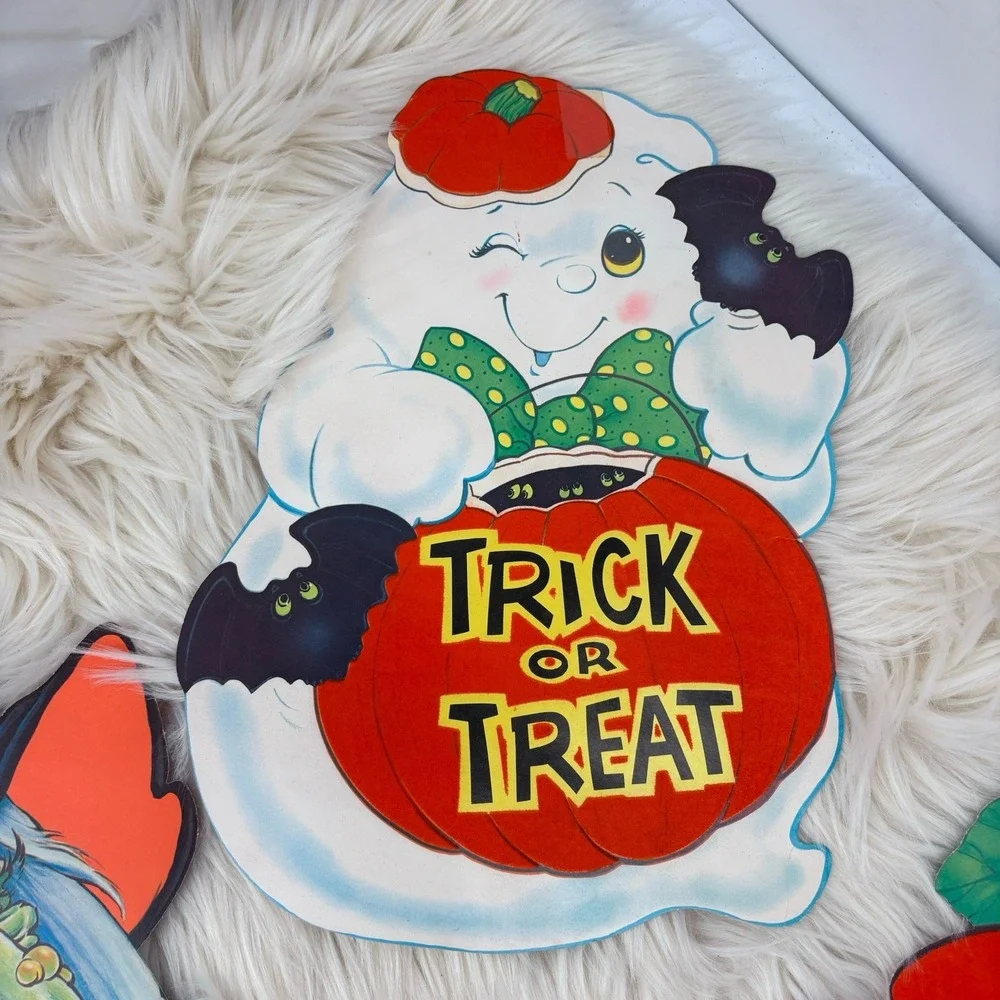 VTG Die Cut Wall Hanging Halloween Decoration 2-Sided Retro 80s Witch‎ Pumpkin